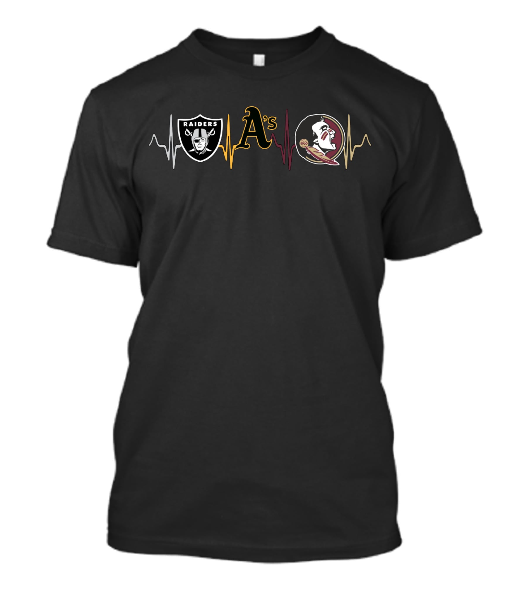 Raiders A's And Florida State Seminoles Heartbeat Theme T-Shirt