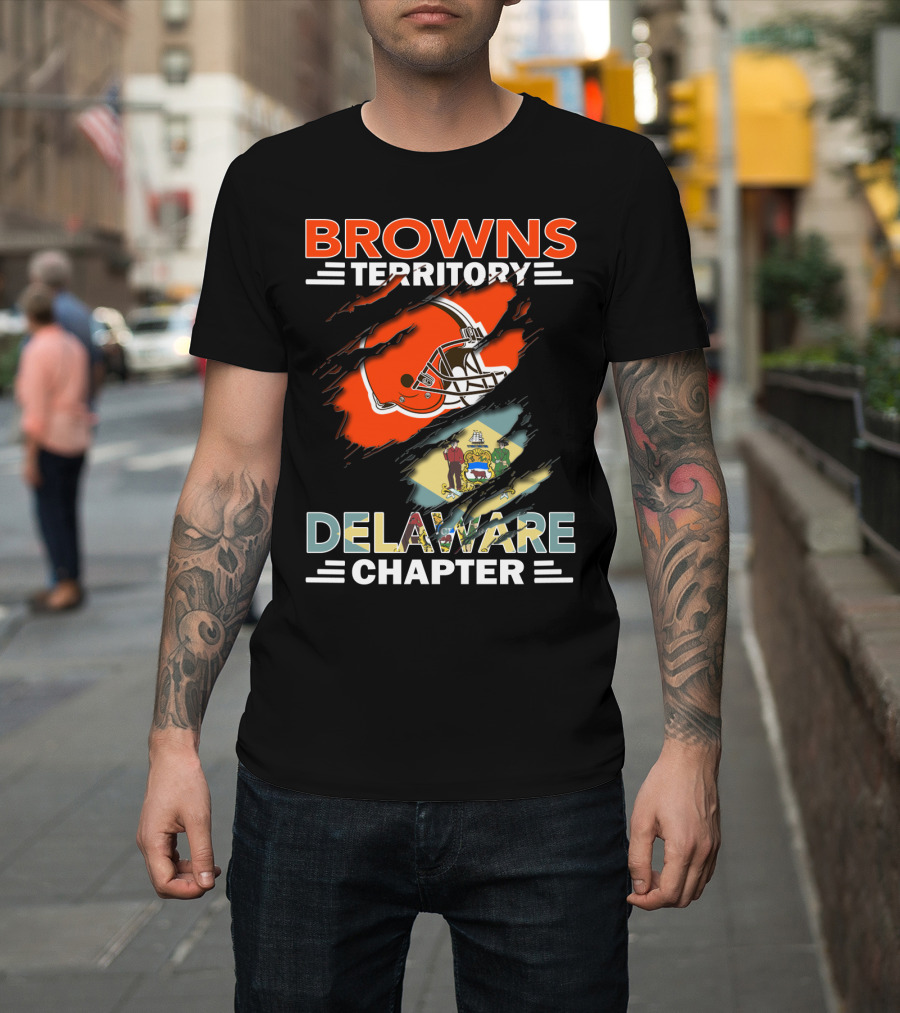 Browns Territory Delaware Chapter Helmet And State Flag Browns Territory Delaware Chapter T-Shirt