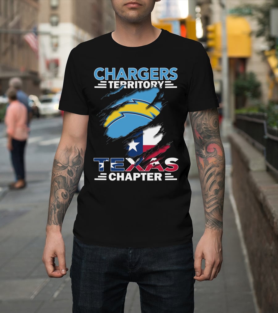 Chargers Territory Texas Chapter Logo With Texas Flag And Lightning Bolt T-Shirt