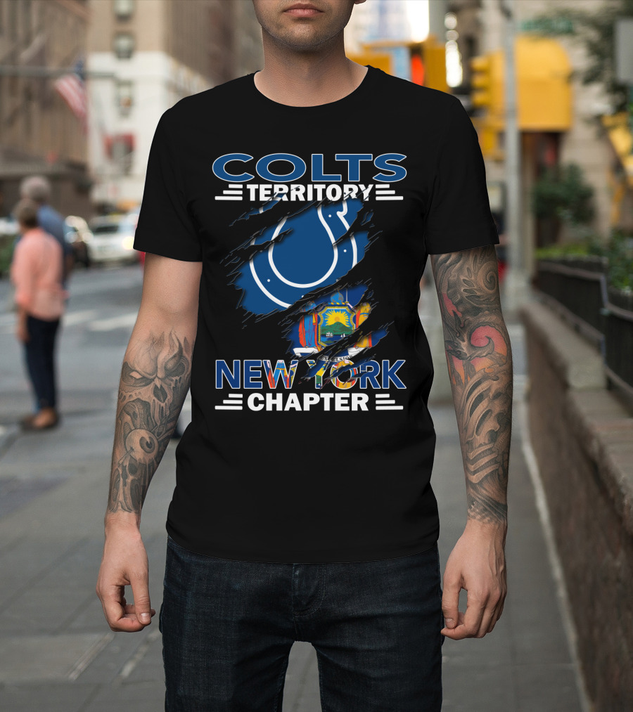 Colts Territory New York Chapter Blue and Red Logo with Ripped State Flag T-Shirt