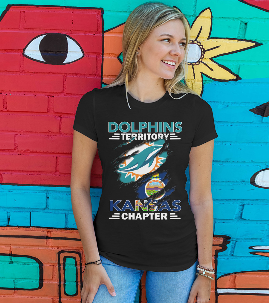 Dolphins Territory Kansas Chapter Miami Dolphins Fan Group With Kansas State Seal T-Shirt
