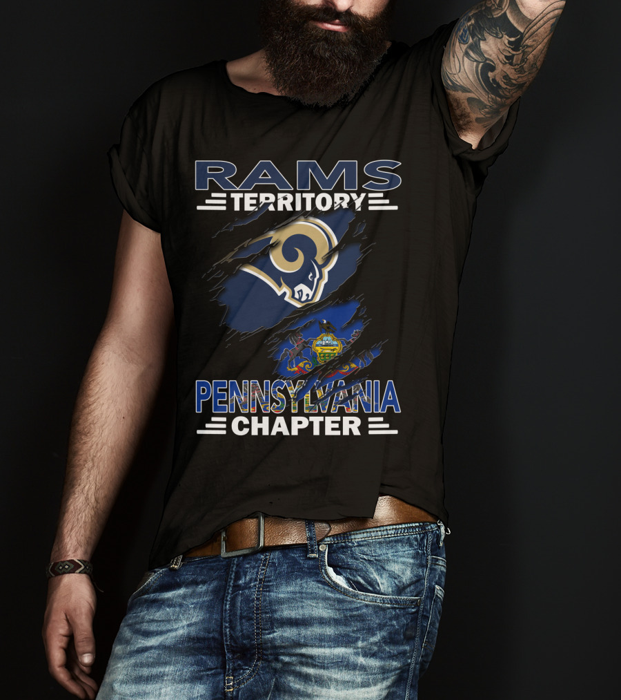 Rams Territory Pennsylvania Chapter With Blue And White Ram Logo And Pennsylvania State Flag Background T-Shirt