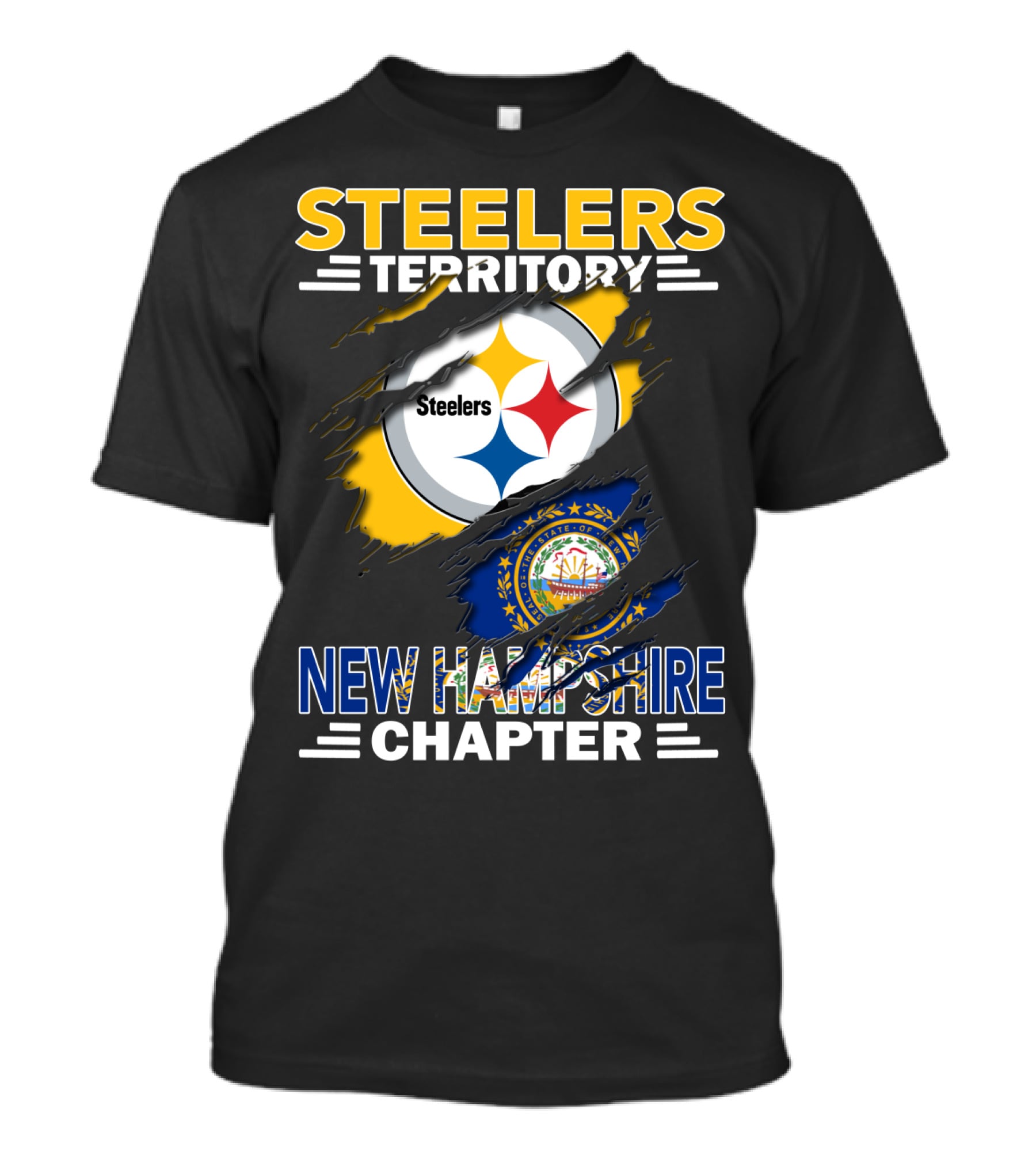 Steelers Territory New Hampshire Chapter Steelers Logo And State Seal Rip T-Shirt