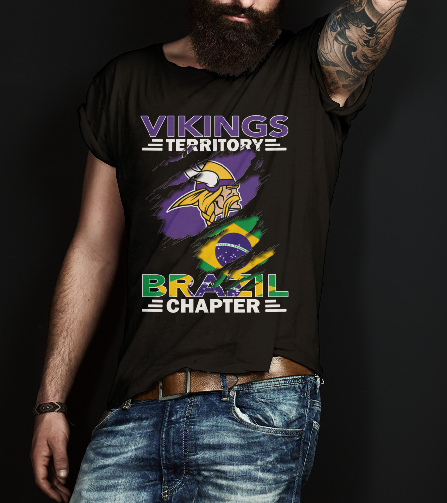 Vikings Territory Brazil Chapter Purple Gold Logo And Brazilian Flag Fusion T-Shirt