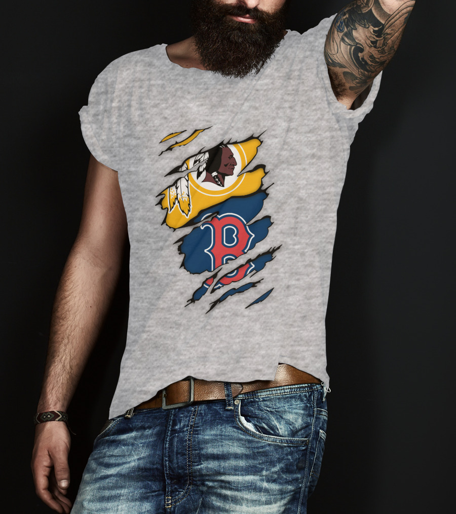 Washington Redskins Boston Red Sox Logos Dual Ripped T-Shirt