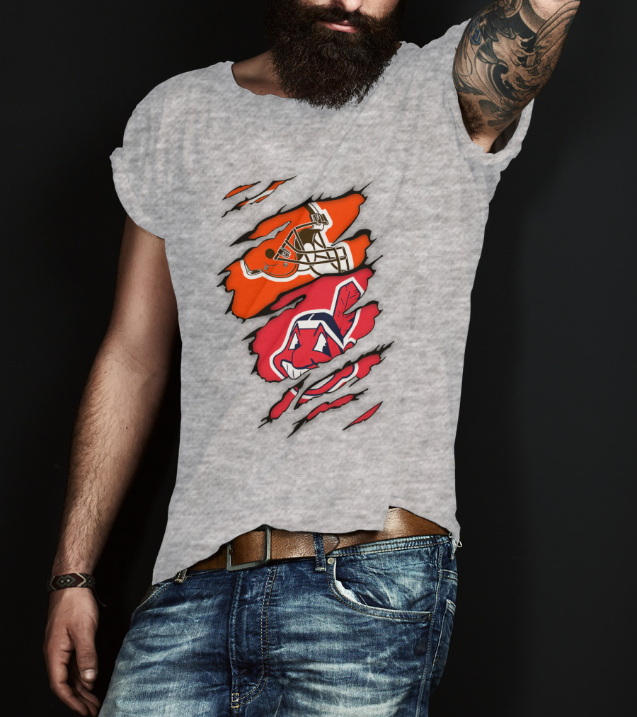 Cleveland Indians Browns Football Helmet Chief Wahoo Torn Rip T-Shirt