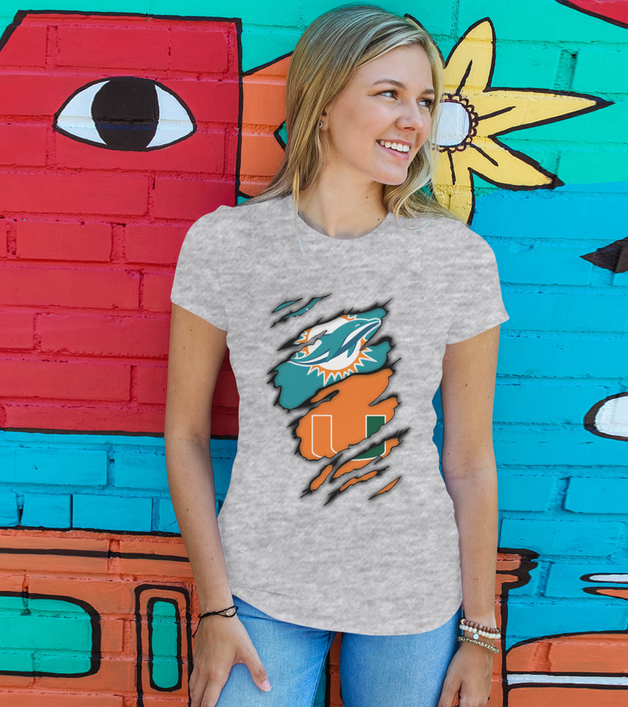 Miami Hurricanes Miami Dolphins Logo Design Claw Mark Style T-Shirt