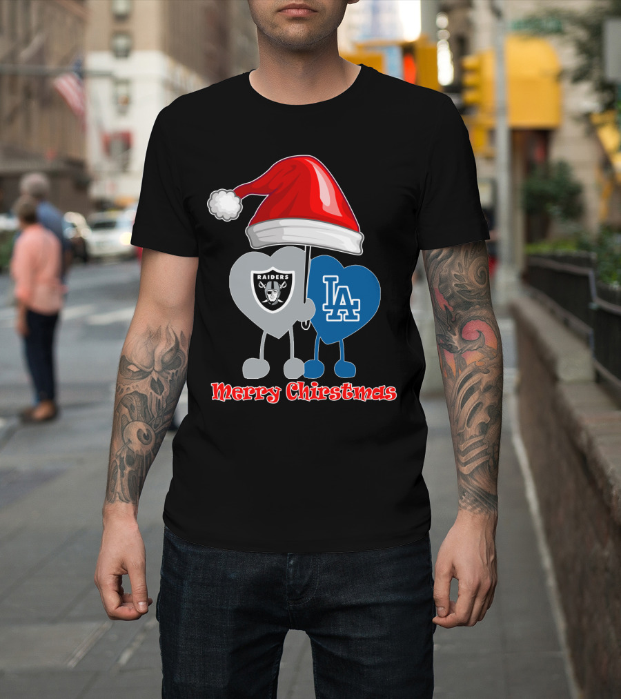 Merry Christmas Los Angeles Dodgers Oakland Raiders Santa Hat T-Shirt