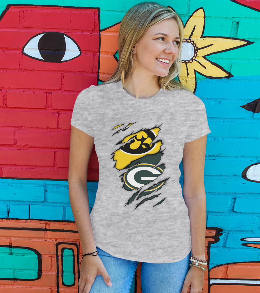 Green Bay Packers Iowa Hawkeyes Team Spirit Logo Fusion T-Shirt