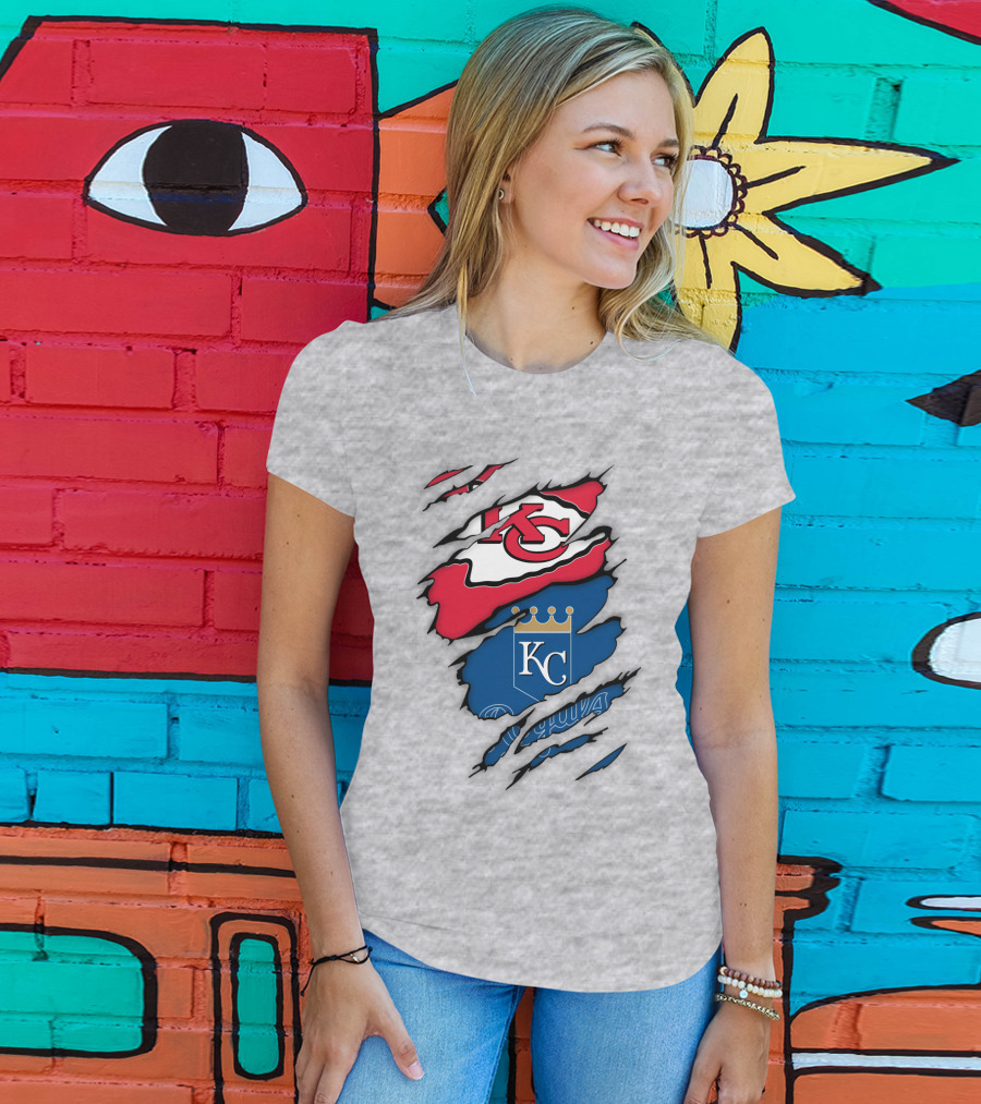 Kansas City Royals Kc And Kansas City Chiefs Arrowhead Red Blue Logo Fusion T-Shirt