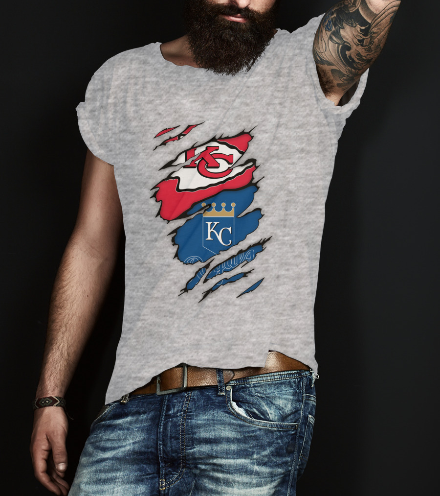 Kansas City Royals Kc And Kansas City Chiefs Arrowhead Red Blue Logo Fusion T-Shirt