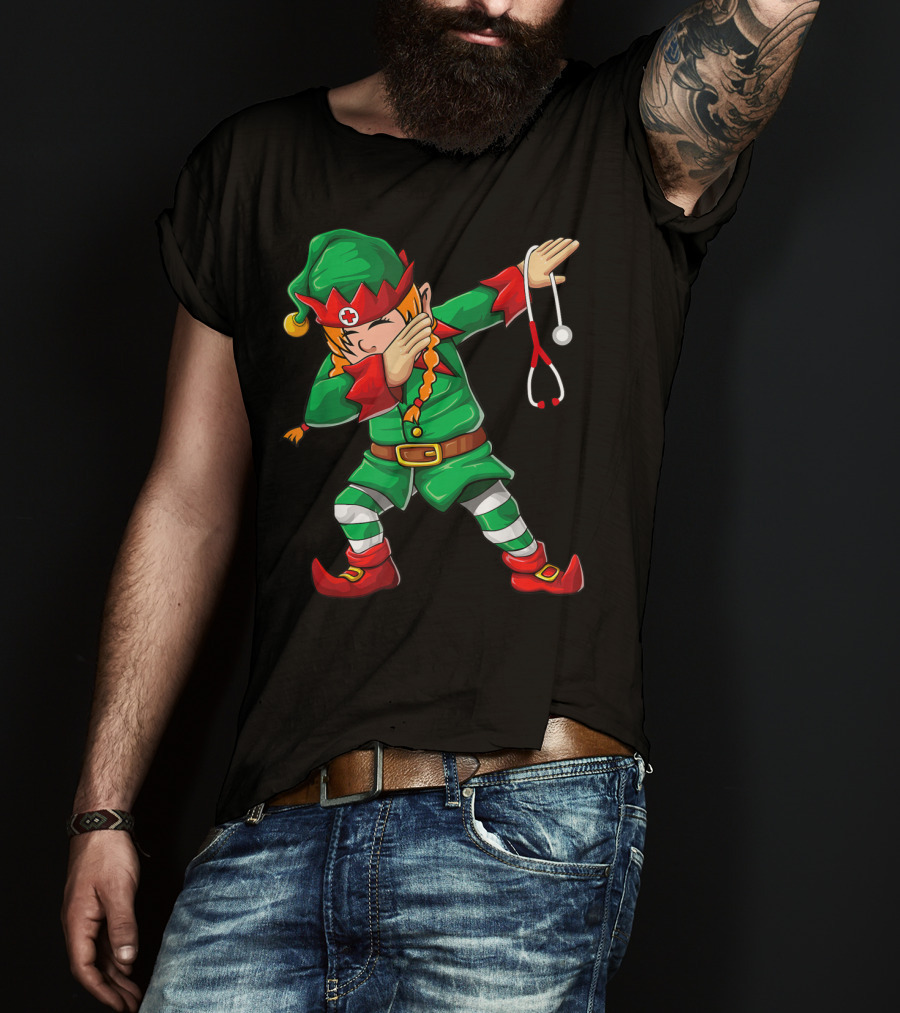 Dabbing Elf Girl Christmas Nurse Stethoscope Scrub Tops T-Shirt