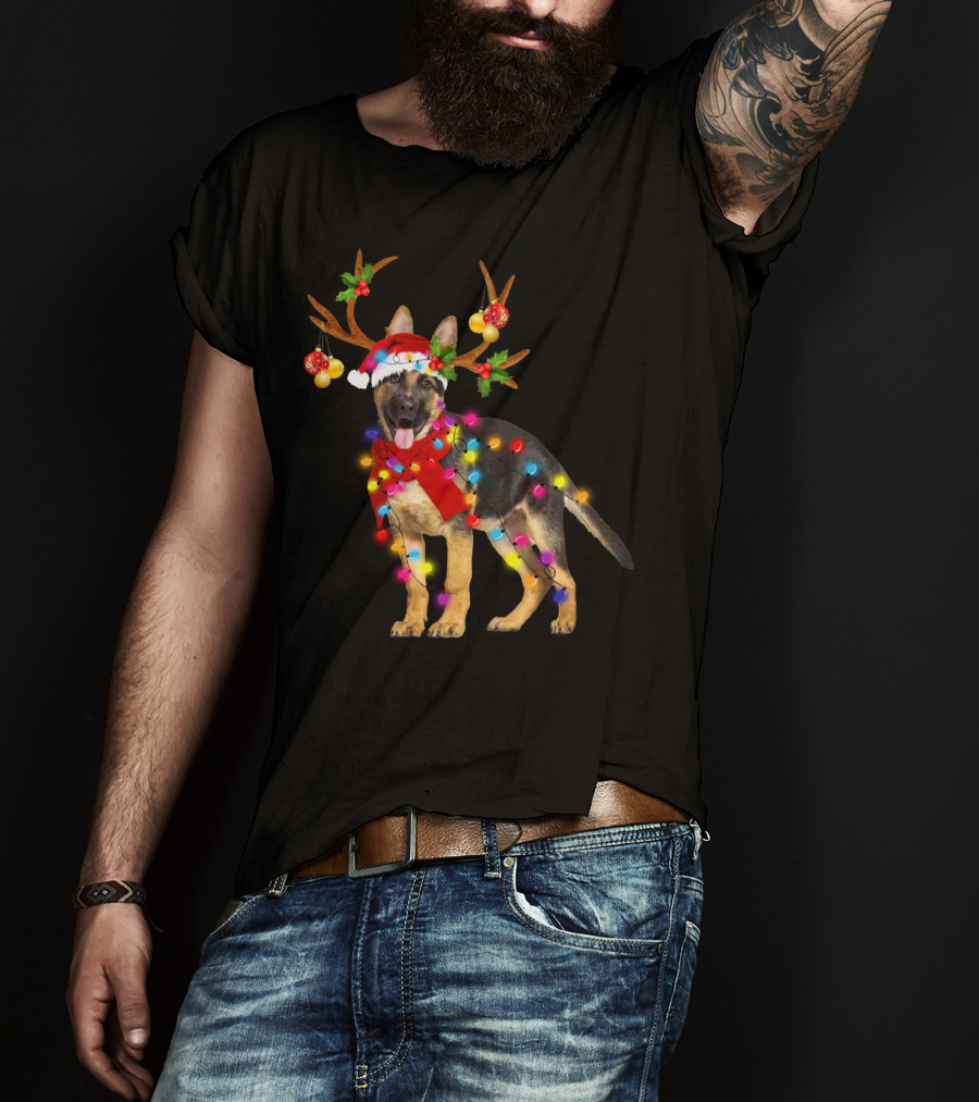 German Shepherd Christmas Dog With Reindeer Antlers And Holiday Lights T-Shirt