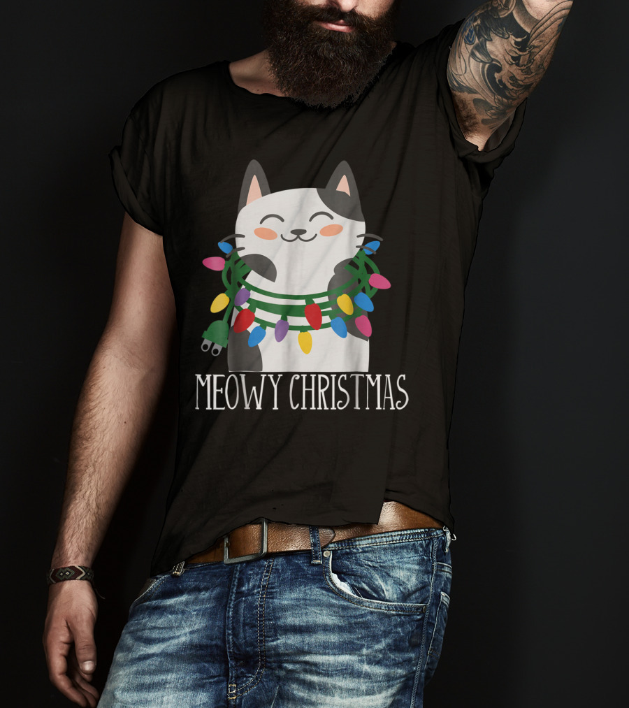 Meowy Christmas Holiday Funny Catma With Festive Lights And Happy Smiling Cat T-Shirt
