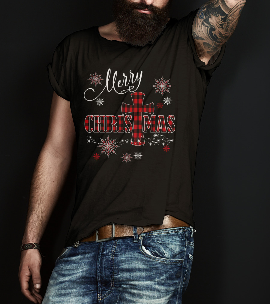 Merry Christmas Christian Cross Buffalo Plaid With Snowflakes T-Shirt