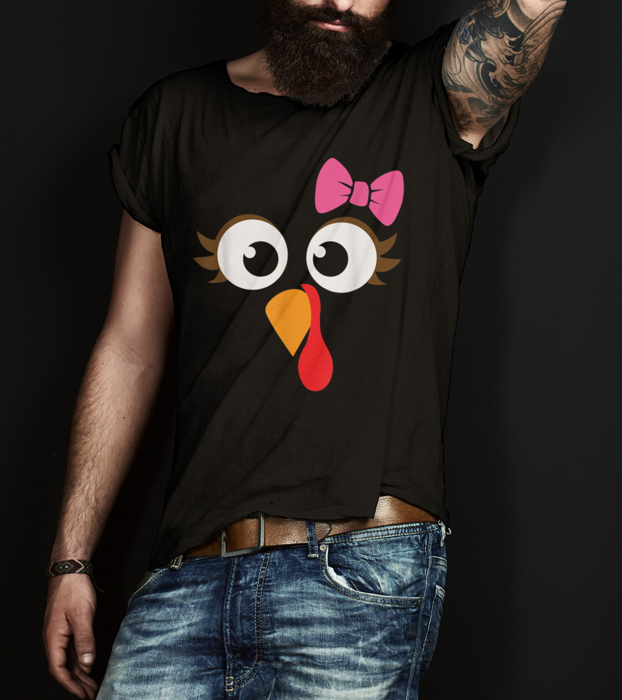 Turkey Face With Pink Bow Girl Cartoon Eyes T-Shirt