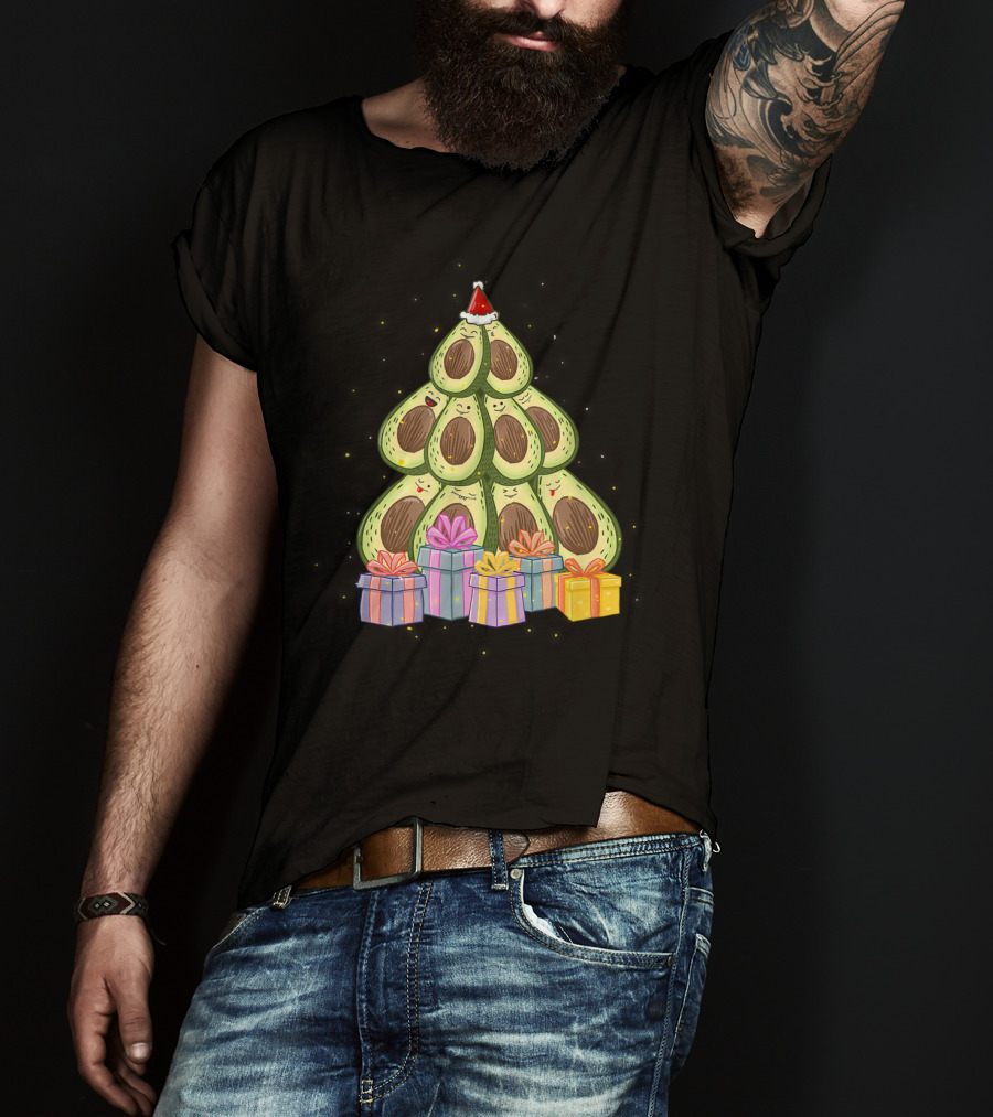 Avocado Christmas Tree With Santa Hat And Presents Avocado Lover T-Shirt