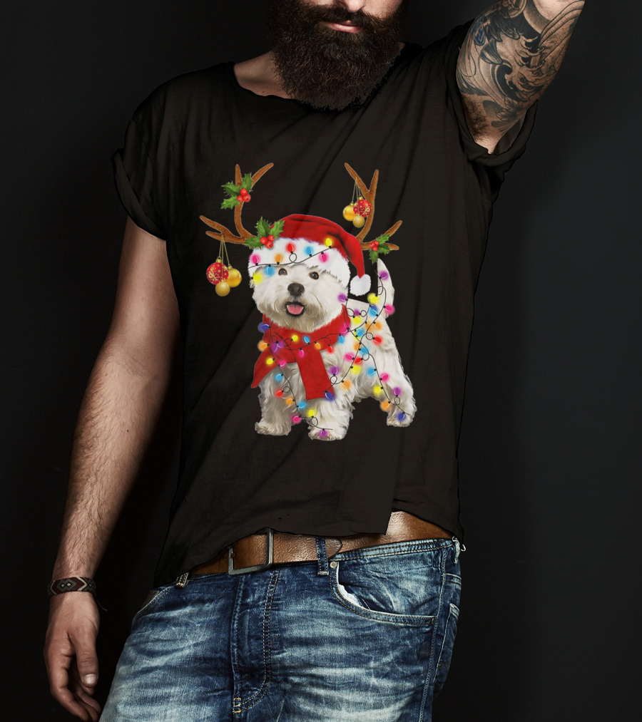 Santa Westie Dog Reindeer Lights Holiday T-Shirt