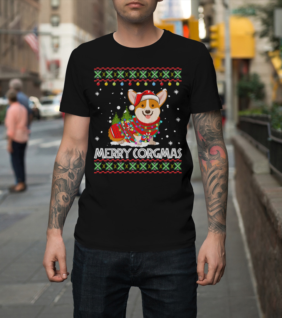 Merry Corgmas Corgi Dog Santa Hat Christmas Tree Lights Sweater Snowflakes T-Shirt