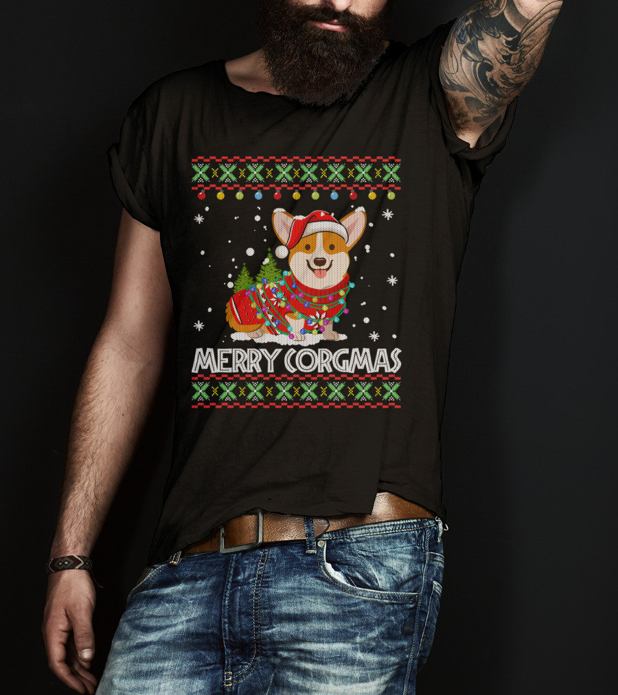 Merry Corgmas Corgi Dog Santa Hat Christmas Tree Lights Sweater Snowflakes T-Shirt