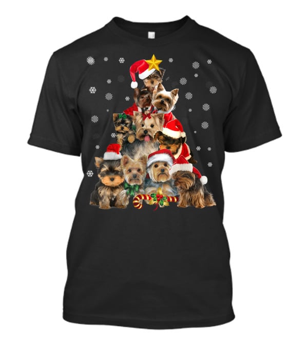 Yorkie Christmas Tree With Santa Hats And Candy Canes T-Shirt