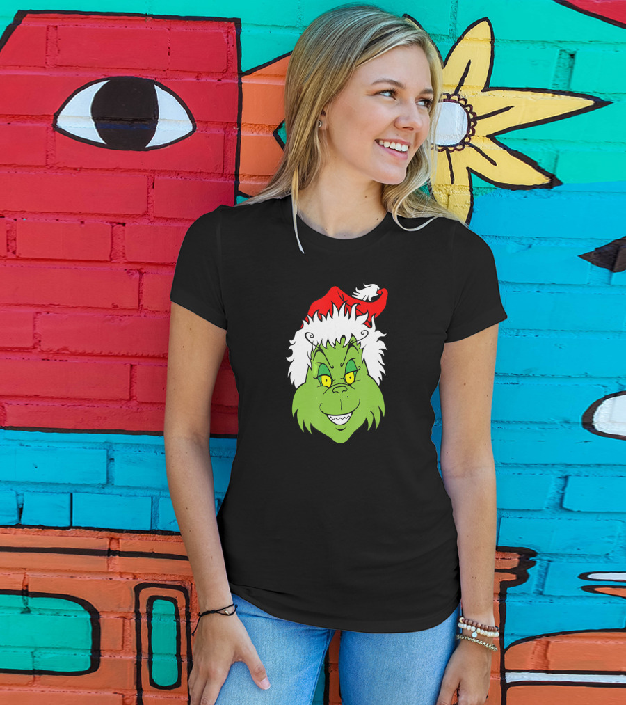 Christmas Grinch Face With Santa Hat T-Shirt
