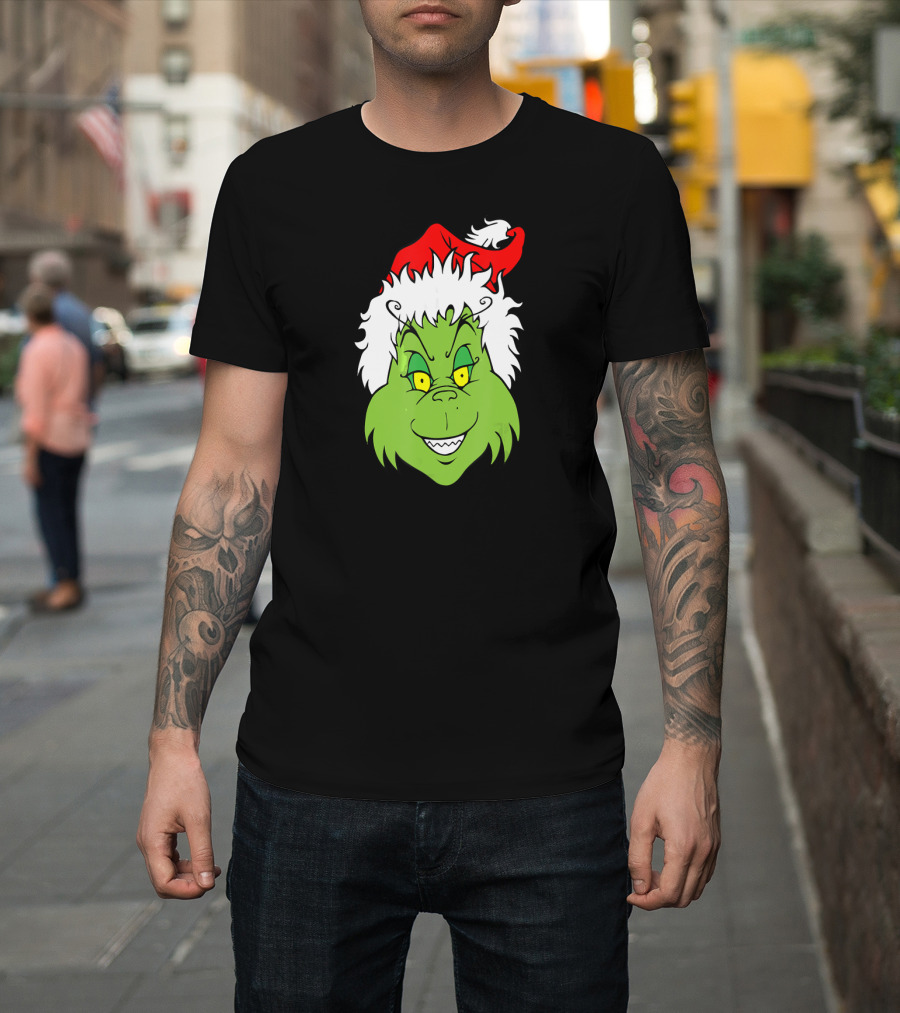 Christmas Grinch Face With Santa Hat T-Shirt