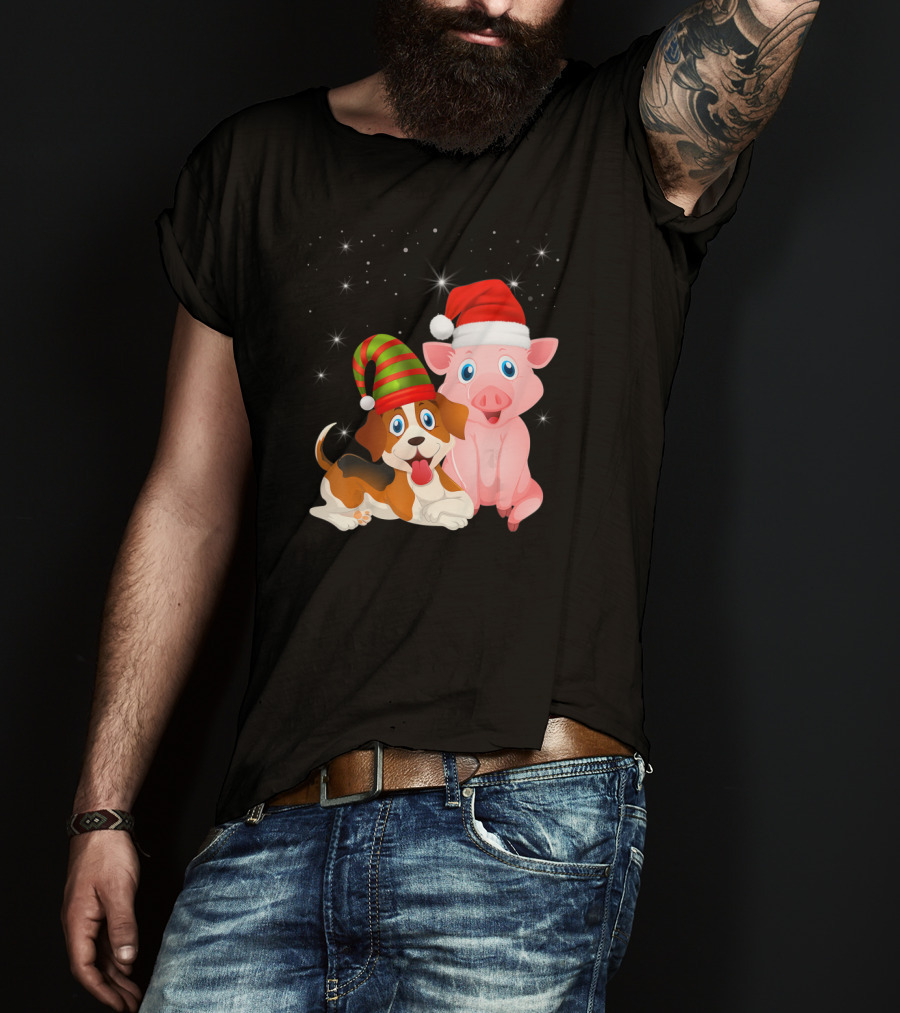 Christmas Festive Dog Pig Santa Hats T-Shirt