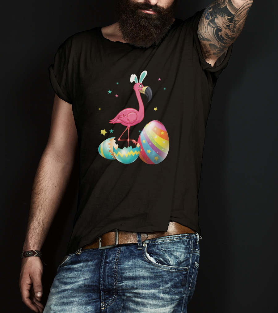 Flamingo Bunny Ears With Colorful Easter Eggs And Stars T-Shirt
