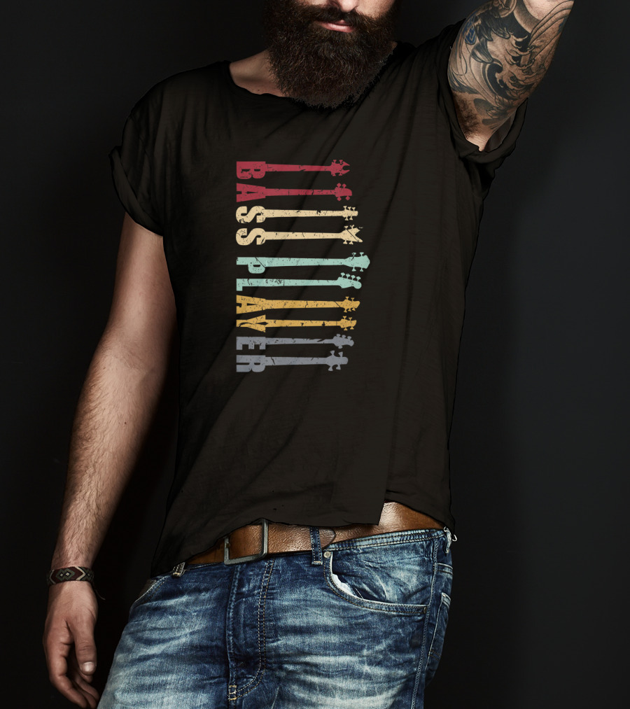 Funny BASS PLAYER Neck Vintage Colorful Guitar Heads T-Shirt