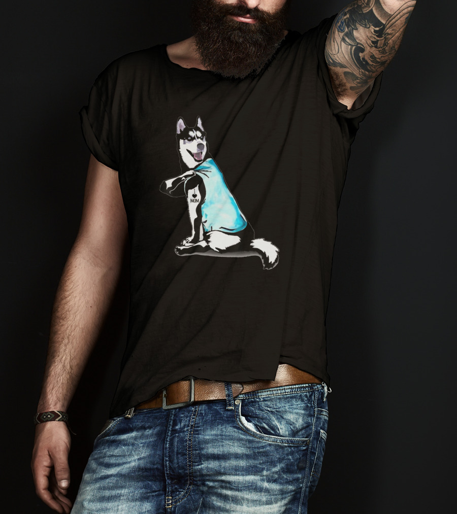 Siberian Husky I Love Mom Tattoo Blue T-Shirt