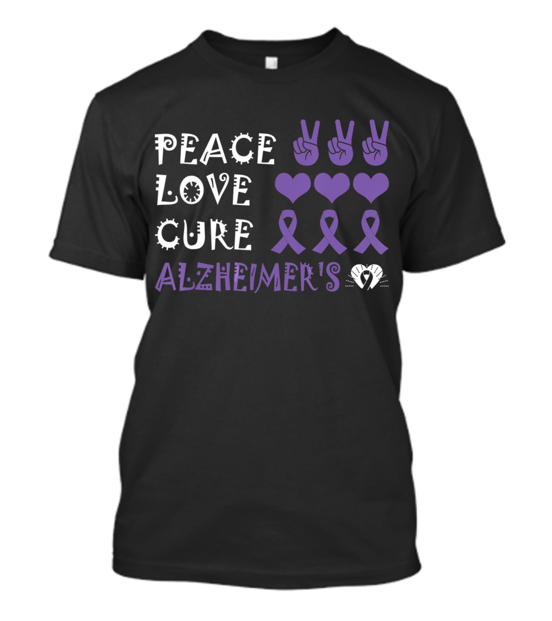 Peace Love Cure Alzheimer's Purple Ribbons Hearts And Peace Signs T-Shirt