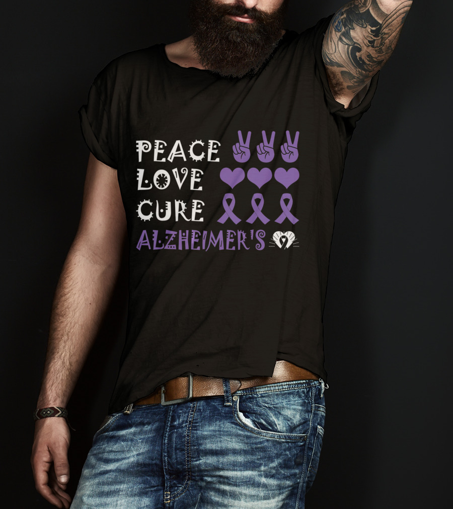 Peace Love Cure Alzheimer's Purple Ribbons Hearts And Peace Signs T-Shirt