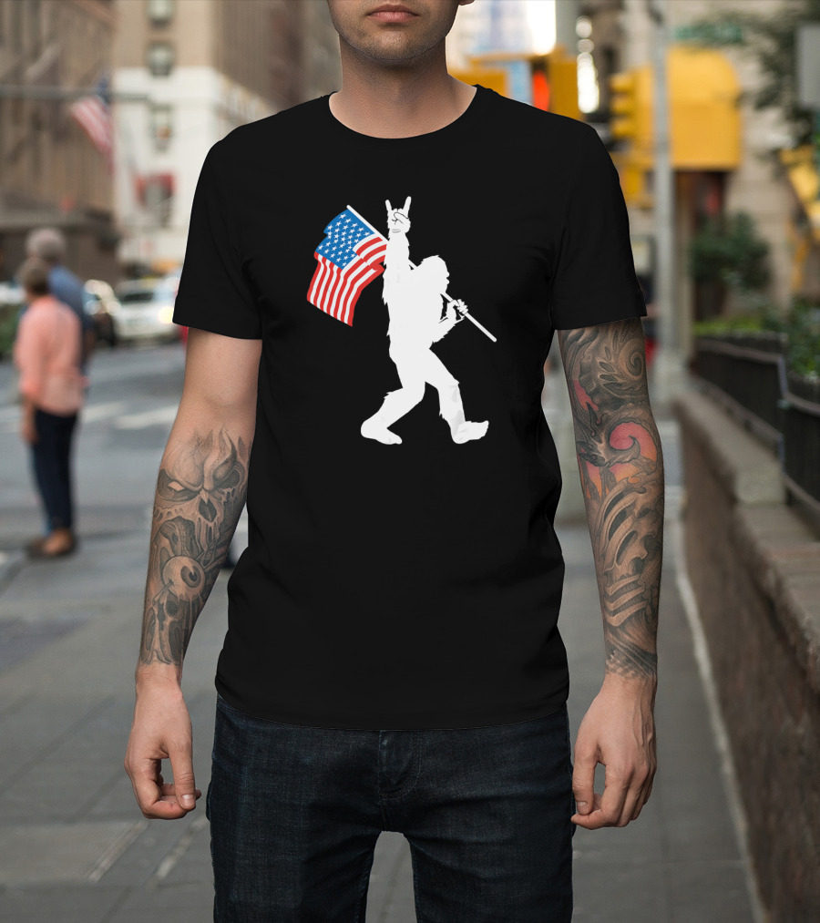 Bigfoot Rock Roll USA Flag Sasquatch Rock and Roll Gesture T-Shirt