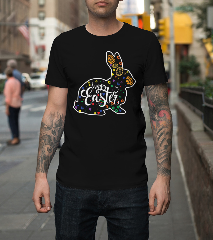 Happy Easter Colorful Bunny With Eggs And Flowers T-Shirt