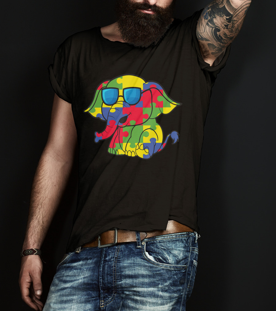 Autism Awareness Puzzle Pattern Elephant With Sunglasses T-Shirt