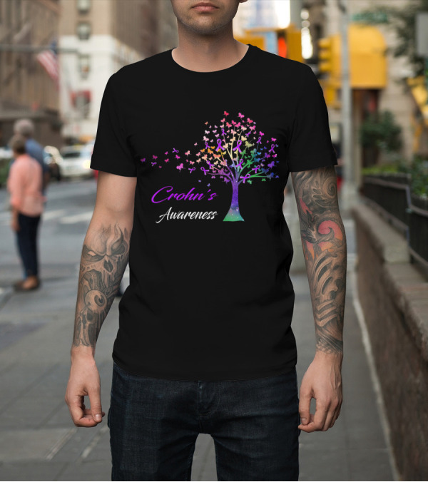Shirt: Crohn's Awareness Tree with Ribbon and Butterflies T-Shirt Crohn's Awareness Tree with Ribbon and Butterflies T-Shirt