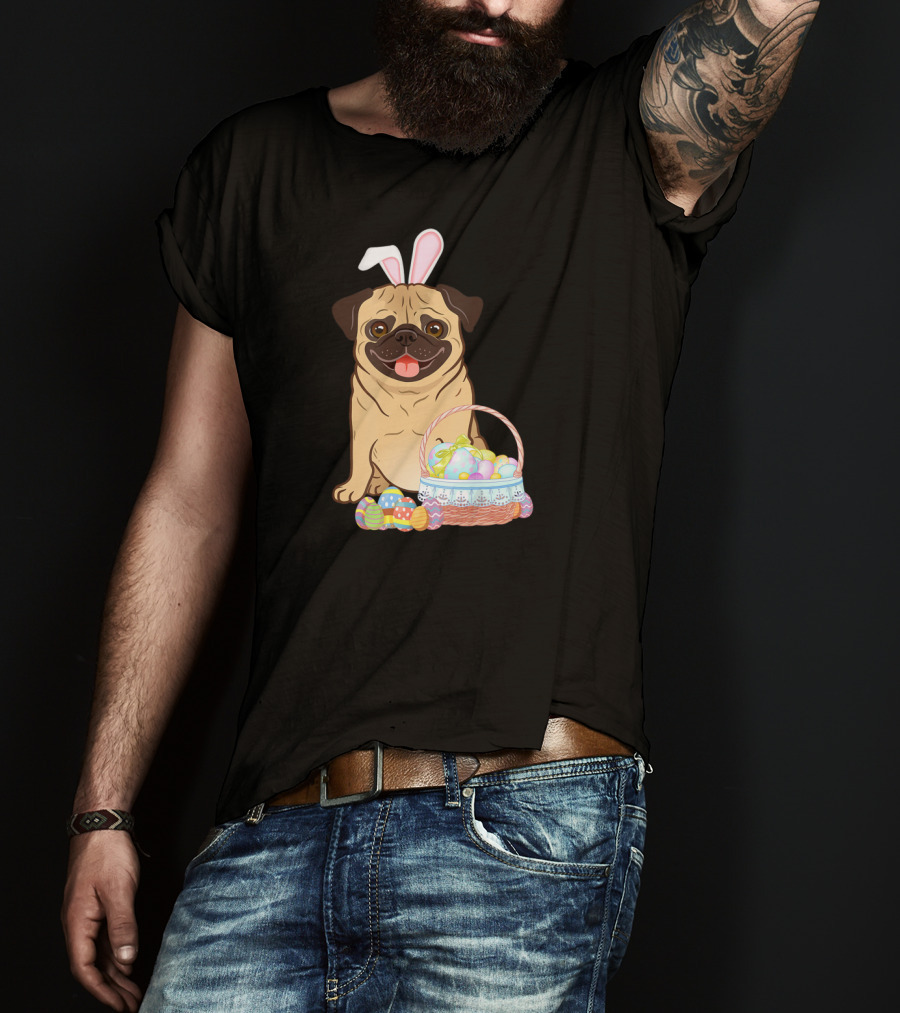 Pug Wearing Bunny Ears With Easter Egg Basket T-Shirt