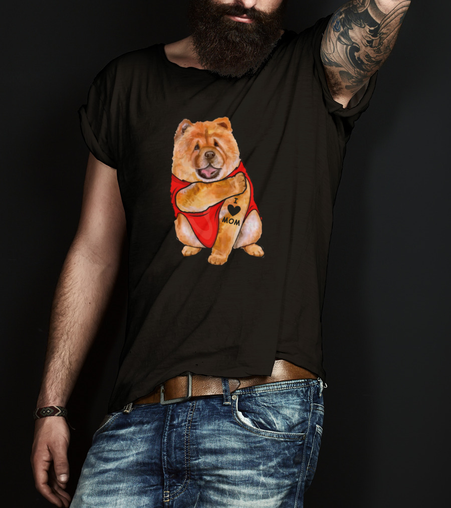 Tattoo I Love Mom Chow Chow Dog In Red T-Shirt