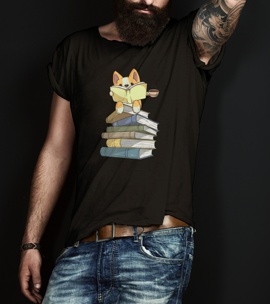 Corgi Sitting On Book Stack With Coffee And Reading Book T-Shirt