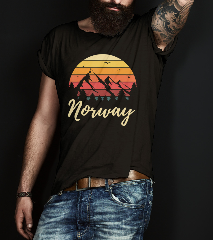 Retro Norway Mountain Sunset Landscape With Pine Trees And Birds T-Shirt