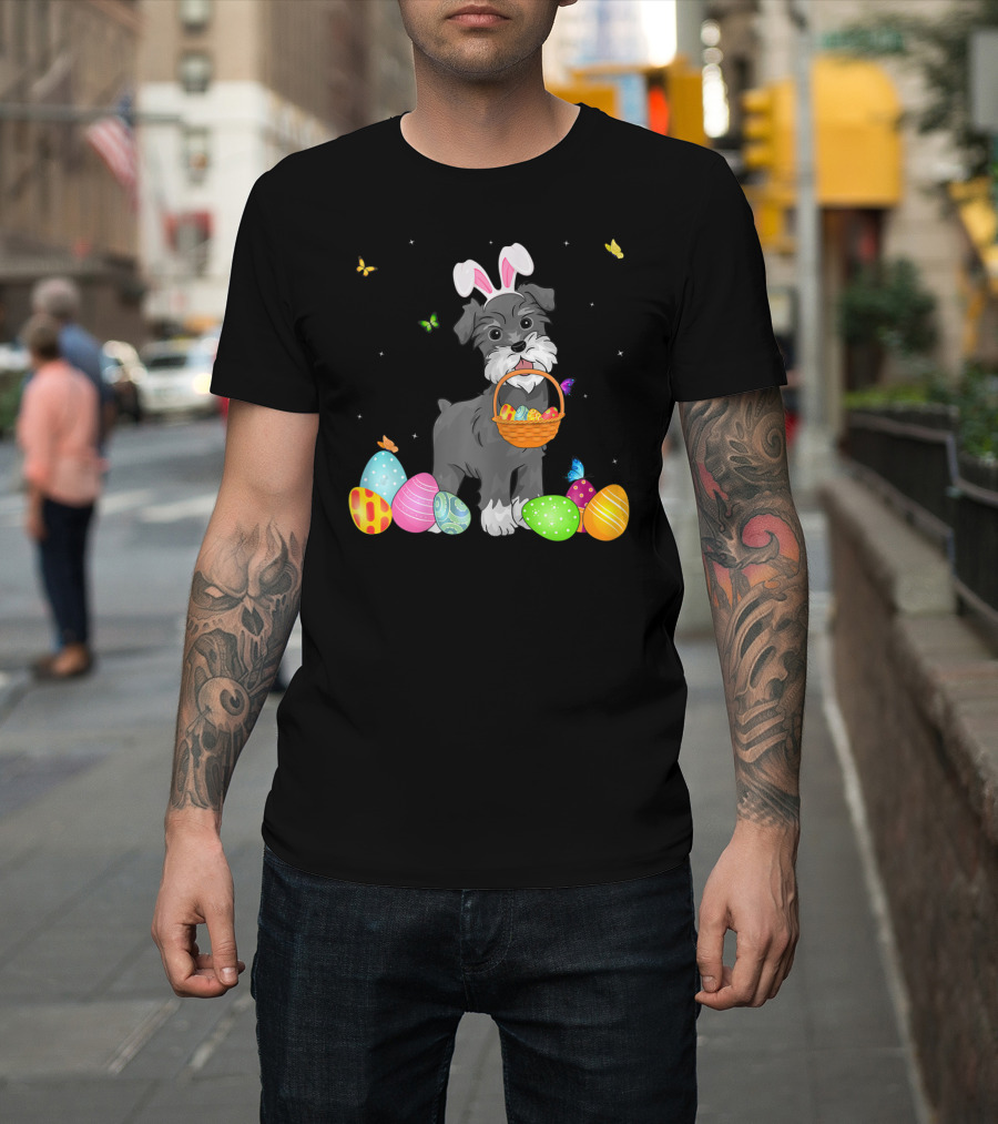 Bunny Schnauzer With Basket And Eggs Easter Day T-Shirt