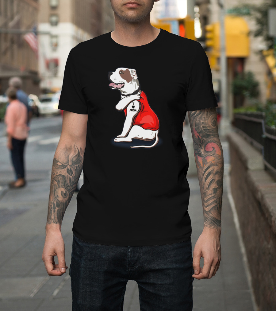 American Bulldog Wearing I Love Mom Tattoo Paw Sleeve T-Shirt