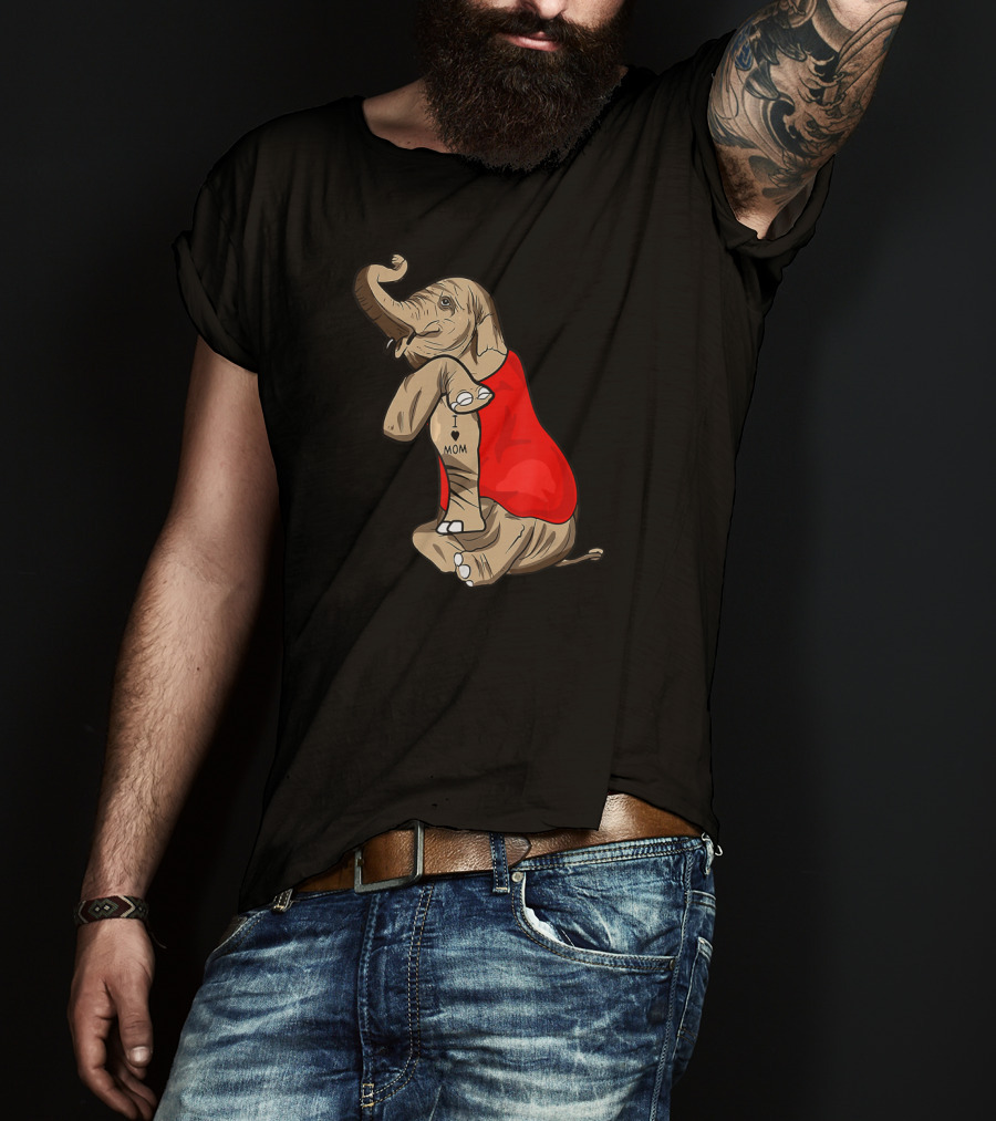 Elephant In Red I Love Mom Tattoos T-Shirt