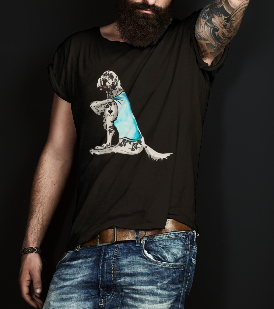 English Setter With I Love Mom Tattoo And Blue Bandana T-Shirt