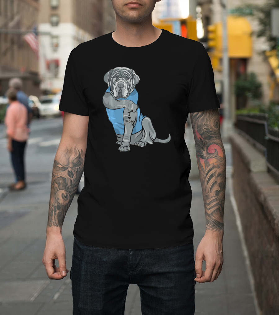 Neapolitan Mastiff I Love Mom Tattoo Dog Wearing Blue T-Shirt