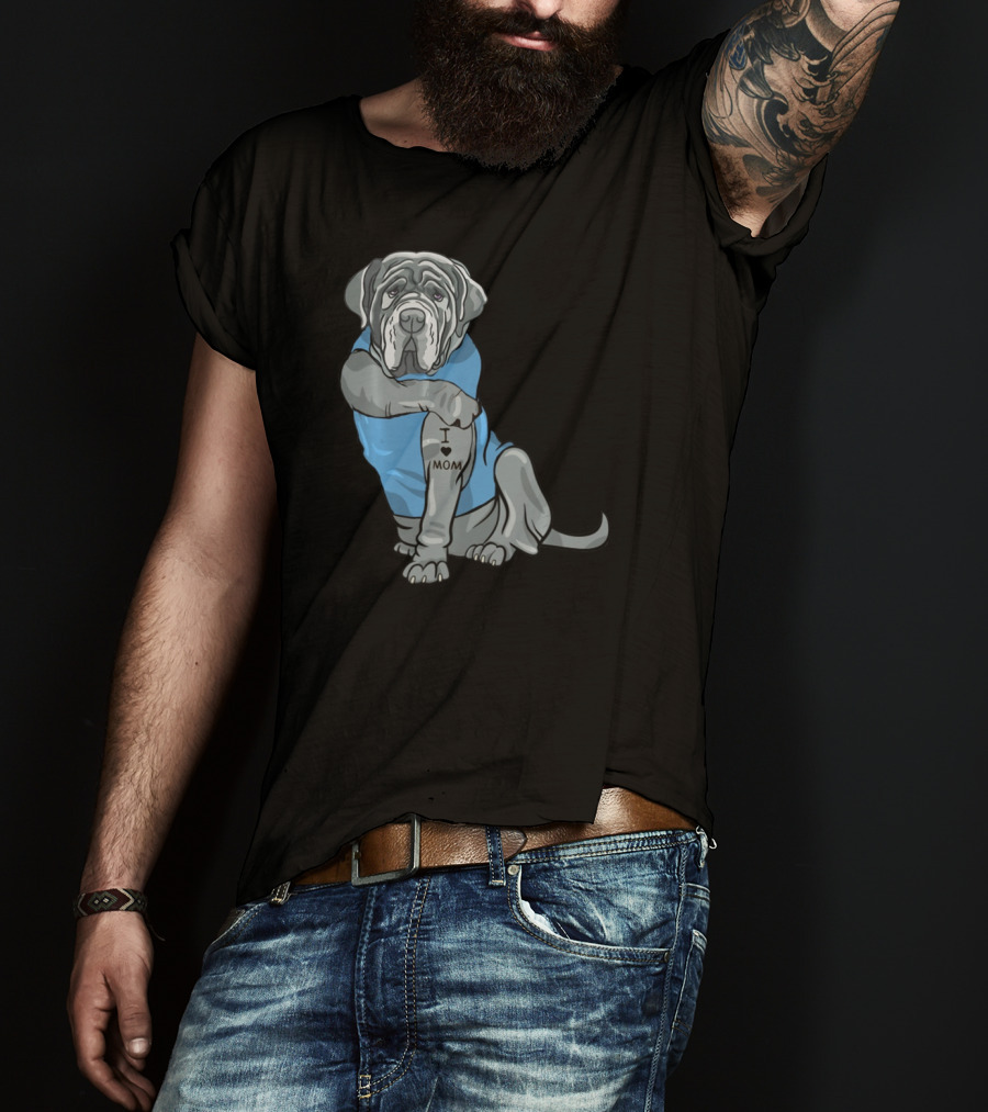 Neapolitan Mastiff I Love Mom Tattoo Dog Wearing Blue T-Shirt
