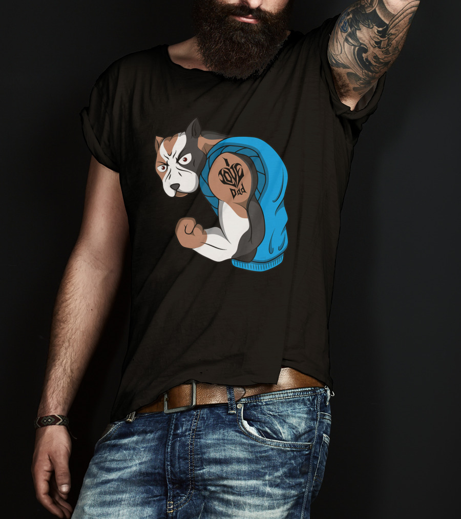 Funny Pit Bull Dog I Love Dad Tattoo Flexing Arm T-Shirt