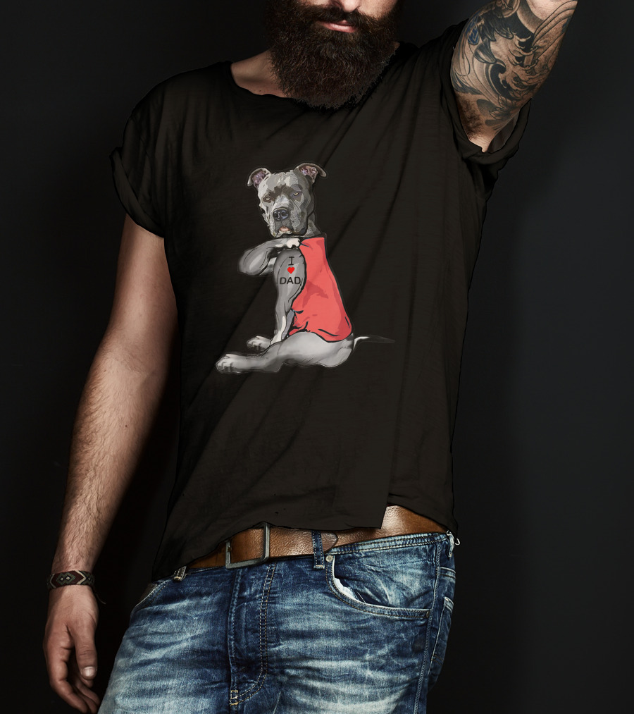 Pitbull Tattoo I Love Dad Red T-Shirt