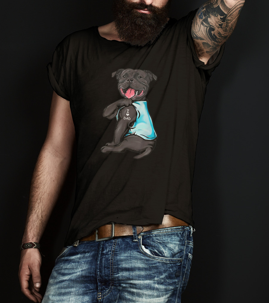 Staffordshire Bull Terrier I Love Dad Dog Blue T-Shirt